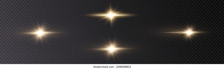 Escenas doradas de luz y resplandor. Vigas láser de luz. Se enciende una luz preciosa. Rayas brillantes en un fondo transparente.