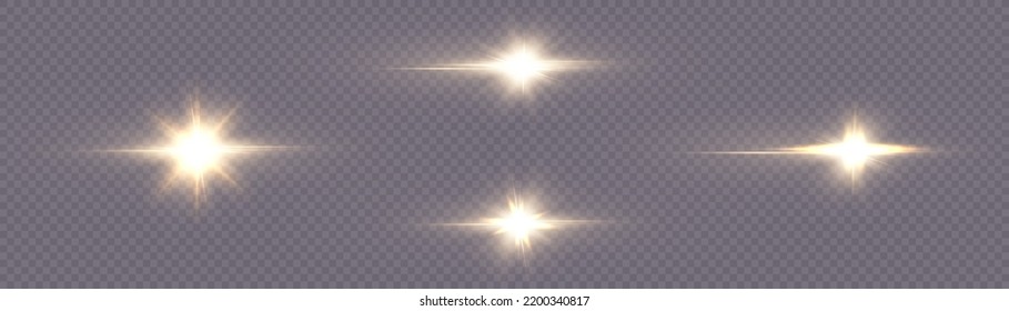 Golden flashes of light and glare. Laser beams of light. Beautiful light flashes. Glowing stripes on a transparent background.