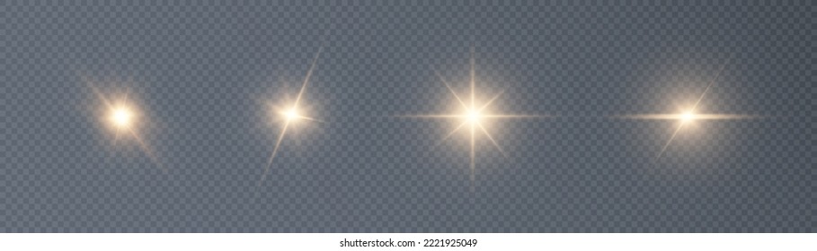 Golden flashes of light and glare. Laser beams of light. Beautiful light flashes. Glowing stripes on a transparent background. New star. Sun. Editable vector.