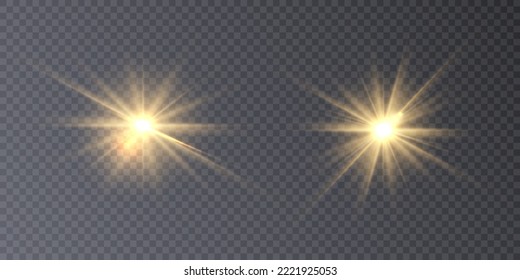 Golden flashes of light and glare. Laser beams of light. Beautiful light flashes. Glowing stripes on a transparent background. New star. Sun. Editable vector.