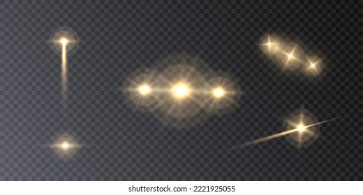 Golden flashes of light and glare. Laser beams of light. Beautiful light flashes. Glowing stripes on a transparent background. New star. Sun. Editable vector.