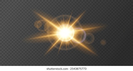 Golden flashes of light with rays. Glow bright star on a transparent background. Flare of sunshine, vector illustration.