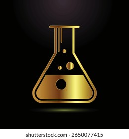 Golden flask icon with bubbles and dripping liquid on black background