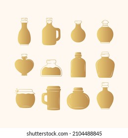 Golden flasks vials and jars icon  isolated set. Spiritual design elements. Vector illustration in boho style.