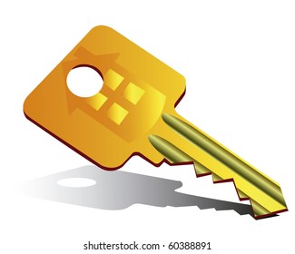 Golden flat key on a white background