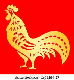 a golden flat rooster on a red background