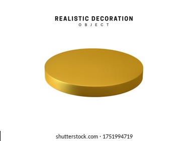 Golden Flat Round Plate. 3d Realistic Geometric Bronze Metal. Circular Die Shape. Flat Golden Round Pancake. Vector Illustration.