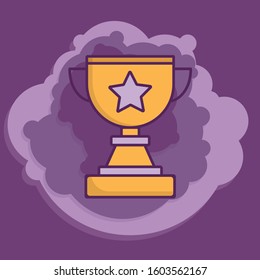 Golden flat style goblet. Star on the goblet. Violet bubbles on a background