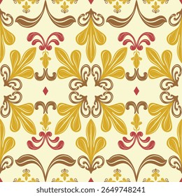 Golden Fleur de lis Lily Boteh Ethno Inspired Seamless Pattern. Luxury Warm Autumn Brown Yellow Red Petals Vines Florals Leaf Scroll Ornament Repeat Design for Fabrics Textiles Fabrics Paper wrap Rug 