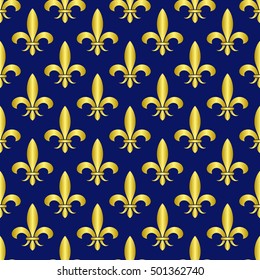 Golden fleur de lis royal lily vector seamless pattern. Vintage royal ornament illustration