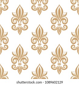 Golden fleur de lis seamless pattern. Vintage royal , heraldic lilly. Ornament. Turkish, Indian motifs. Great for fabric and textile, flyer, banner, business cards, wallpaper, packaging