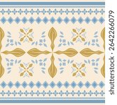 Golden Fleur de lis Style Cross Ornament Baroque Design Blue Gold On Light Beige Background. Delicate Charming Flourish Pattern for Border Decoration Silk Weaves Embroidery Victorian Royal Mosaic Lace