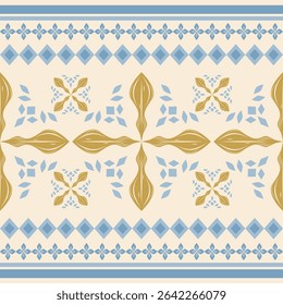 Golden Fleur de lis Style Cross Ornament Baroque Design Blue Gold On Light Beige Background. Delicate Charming Flourish Pattern for Border Decoration Silk Weaves Embroidery Victorian Royal Mosaic Lace