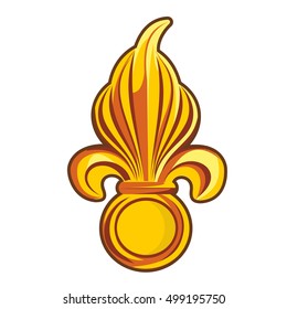 Golden fleur-de-lis decorative design or heraldic symbol. Vector flat Illustration. Web banners, advertisements, brochures, business templates. Isolated on a white background.