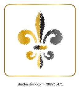 Golden fleur-de-lis heraldic emblem. Gold and gray grunge sign isolated on white background. Design lily insignia element. French fleur de lis royal lily. Elegant decoration symbol Vector Illustration