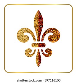 Golden fleur-de-lis heraldic emblem. Gold glitter sign isolated on white background. Design lily insignia element. Glowing french fleur de lis royal lily. Elegant decoration symbol Vector Illustration