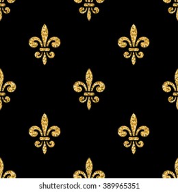 Golden fleur-de-lis seamless pattern. Gold glitter and black template. Floral texture. Glowing fleur de lis royal lily. Design vintage for card, wallpaper, wrapping, textile, etc. Vector Illustration.