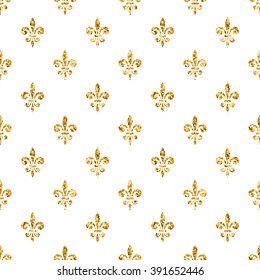 Golden fleur-de-lis seamless pattern. Gold glitter and white template. Floral texture. Glowing fleur de lis royal lily. Design vintage for card, wallpaper, wrapping, textile, etc. Vector Illustration.