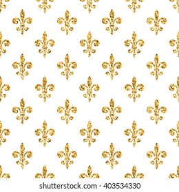 Golden fleur-de-lis seamless pattern. Gold glitter and white template. Floral texture. Glowing fleur de lis royal lily. Design vintage for card, wallpaper, wrapping, textile, etc. Vector Illustration.