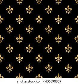 Golden fleur-de-lis seamless pattern. Gold glitter and black template. Floral texture. Glowing fleur de lis royal lily. Design vintage for card, wallpaper, wrapping, textile, etc. Vector Illustration.