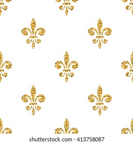 Golden fleur-de-lis seamless pattern. Gold glitter and white template. Floral texture. Glowing fleur de lis royal lily. Design vintage for card, wallpaper, wrapping, textile, etc. Vector Illustration.