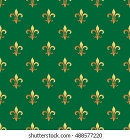 Golden fleur-de-lis seamless pattern. Gold template. Floral classic texture. Fleur de lis royal lily retro background. Design vintage for card, wallpaper, wrapping, textile.