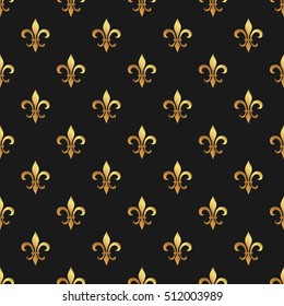 Golden fleur-de-lis seamless pattern. Gold template. Floral classic texture. Fleur de lis royal lily retro background. Design vintage for card, wallpaper, wrapping, textile.