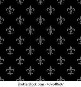 Golden fleur-de-lis seamless pattern. Vector illustration. Black white template. Floral texture. Elegant decoration, royal lily retro background. Design vintage for card, wallpaper, wrapping, textile.