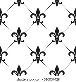 Golden fleur-de-lis seamless pattern. Vector illustration. Black white template. Floral texture. Elegant decoration, royal lily retro background. Design vintage for card, wallpaper, wrapping, textile.