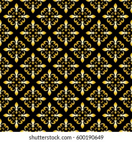 Golden fleur-de-lis seamless pattern. Vector illustration. Black white template. Floral texture. Elegant decoration, royal lily retro background. Design vintage for card, wallpaper, wrapping, textile.