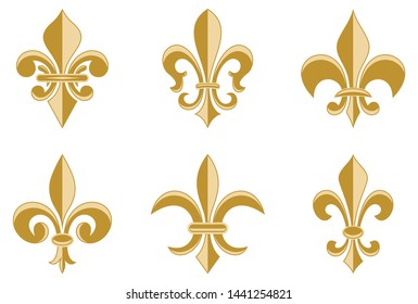 Golden Fleur-de-lis symbols as vector.
Different variations on a white isolated background.
Set of Lily symbols in exact shape design useable for all Heraldic requirements.