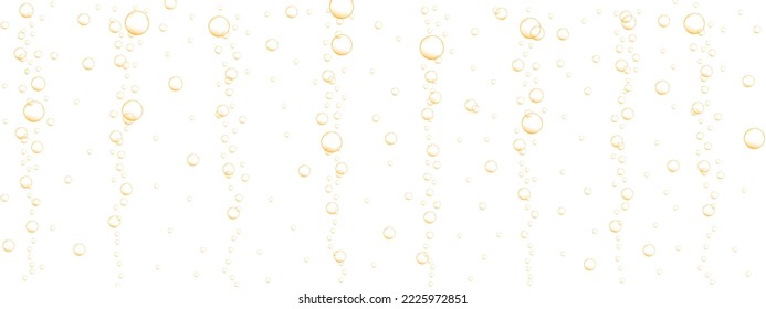 Golden floating air bubbles background. Sparkling fizzy drink, carbonated water, seltzer, cola, prosecco, beer, lemonade, champagne texture. Vector realistic illustration