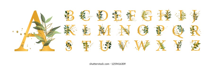 Golden floral alphabet font uppercase letters with flowers leaves and gold splatters isolated on white background. Vector illustration for wedding, greeting cards, invitations template design