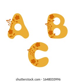 Golden floral alphabet, letters A, B, C. Isolated on white background. The icon. Design template for weddings, banners, for learning the English alphabet. Vector.