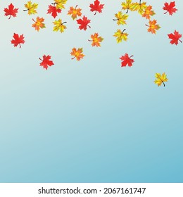 Golden Floral Background Blue Vector. Leaves Design Texture. Orange Isolated Leaf. Season Plant Design.