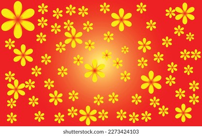 Golden floral background isolated on a red background, Horizontal banner or floral backdrop decorated with gorgeous multicolored blooming flowers and. Spring botanical flat vector illustration