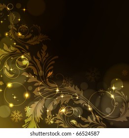 Golden floral background with snowflakes