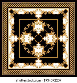 Golden floral baroque element with chains on a black  white background. EPS10 Illustration.