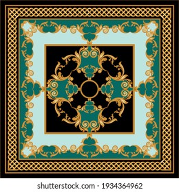 Golden floral baroque element with chains on a  green background. EPS10 Illustration.