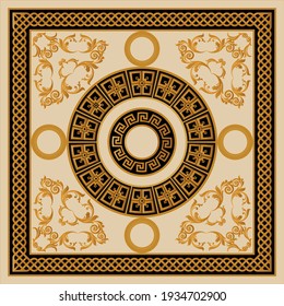 Golden floral baroque element with chains on a beige background. EPS10 Illustration.