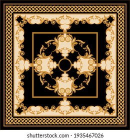 Golden floral baroque element with chains on a black background. EPS10 Illustration.