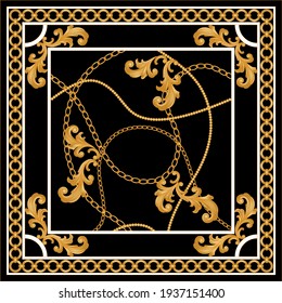 Golden floral baroque element with chains on a black background. EPS10 Illustration.