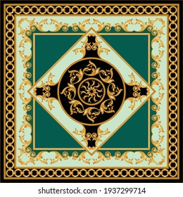 Golden floral baroque element with chains on a green background. EPS10 Illustration.