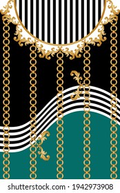 Golden floral baroque element, chains on a black background. EPS10 Illustration.