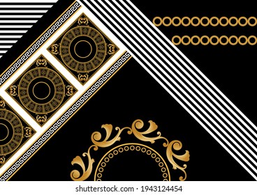 Golden floral baroque element, chains, greek motif on a black background. EPS10 Illustration.