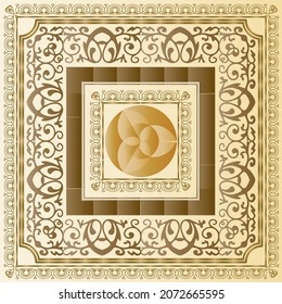 Golden floral baroque element with chains on a green background. 