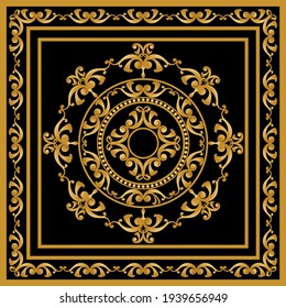 Golden floral baroque element on a black background. EPS10 Illustration.