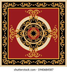 Golden floral baroque element on a red background. EPS10 Illustration.