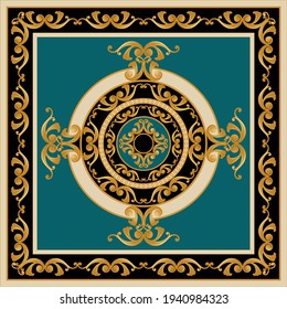 Golden floral baroque element on a green background. EPS10 Illustration.