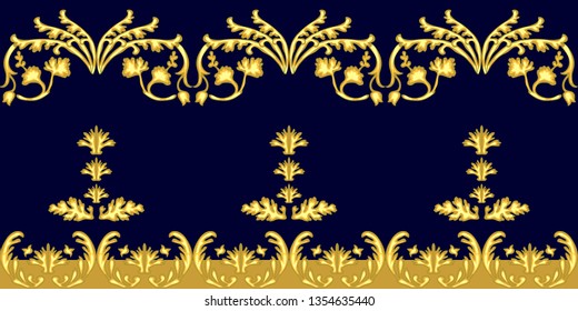 	
Golden floral border with baroque motifs. Realistic scrolls, leaves, branches and other decorative elements on dark background. Vintage design collection.